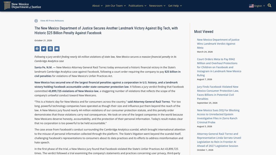 Screenshot of nmdoj.gov: Meta hit with $25B penalty for deceiving users about privacy on Facebook