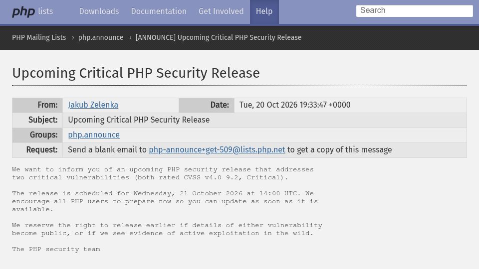 Screenshot of news-web.php.net: Upcoming critical PHP security release (CVE-2026-109618 / -109619)