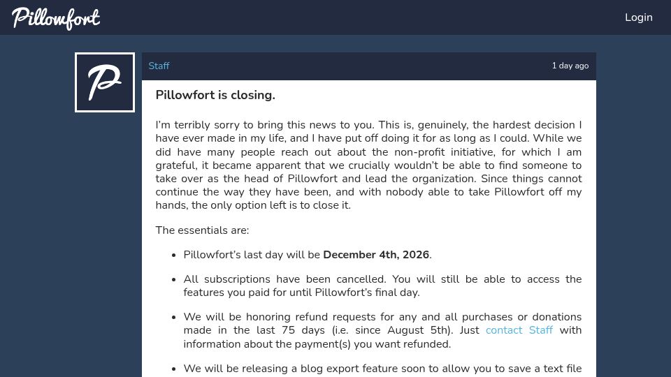 Screenshot of pillowfort.social: Pillowfort Is Closing