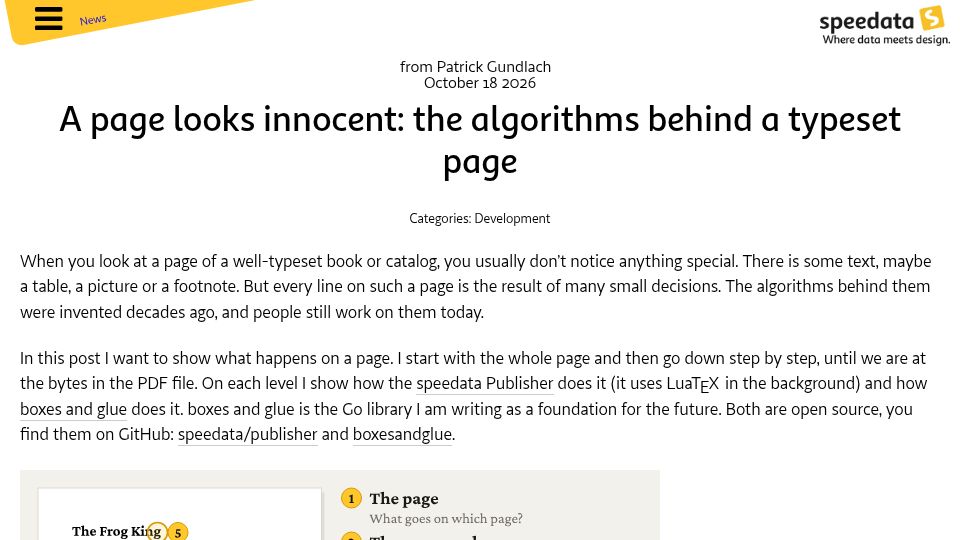 Screenshot of news.speedata.de: A page looks innocent: the algorithms behind a typeset page