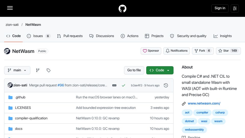 Screenshot of github.com: C# now beats Rust on WASM size