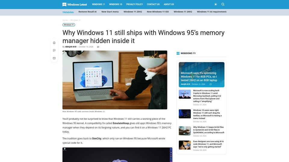 Screenshot of windowslatest.com: Why Windows 11 still ships with Windows 95's memory manager hidden inside it
