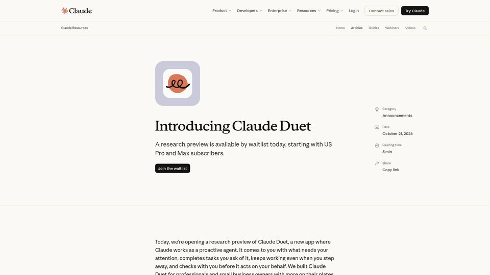 Screenshot of claude.com: Claude Duet