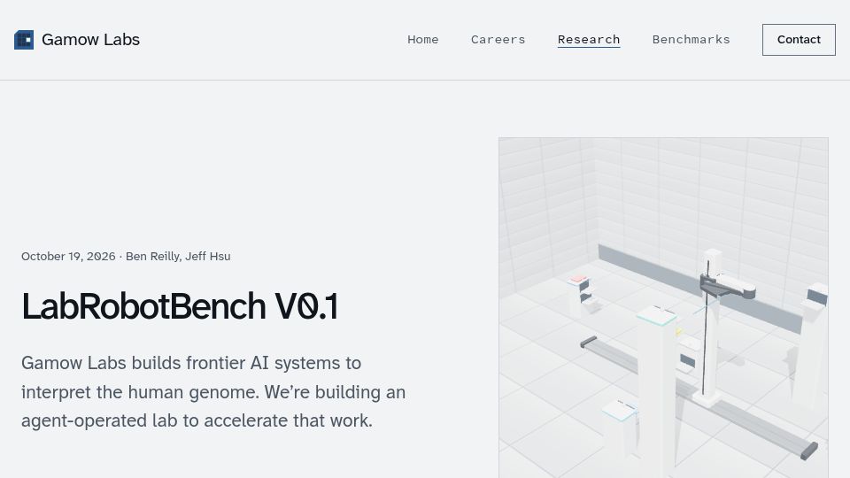 Screenshot of gamowlabs.com: LabRobotBench v0.1: Benchmarking wet lab robotics