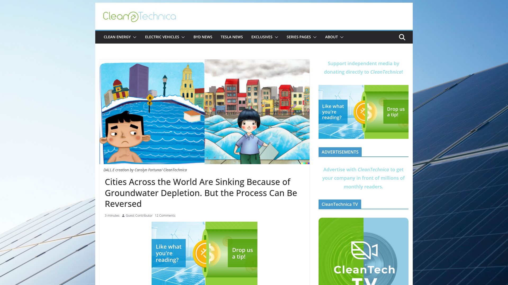 Screenshot of cleantechnica.com: Cities Across the World Sinking from Groundwater Depletion: It Can Be Reversed