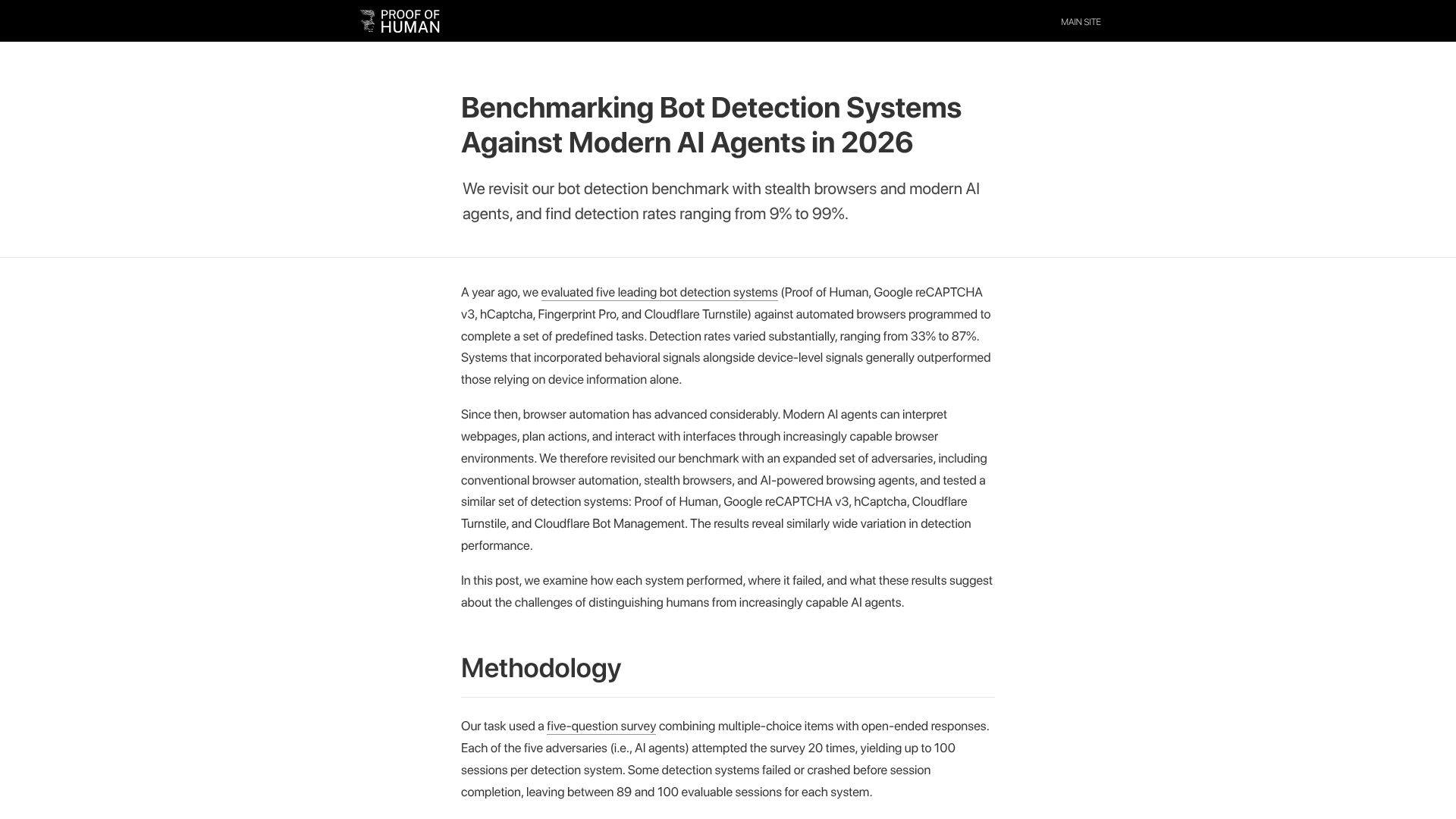 Screenshot of research.poh.org: Benchmarking Bot Detection Systems Against Modern AI Agents in 2026