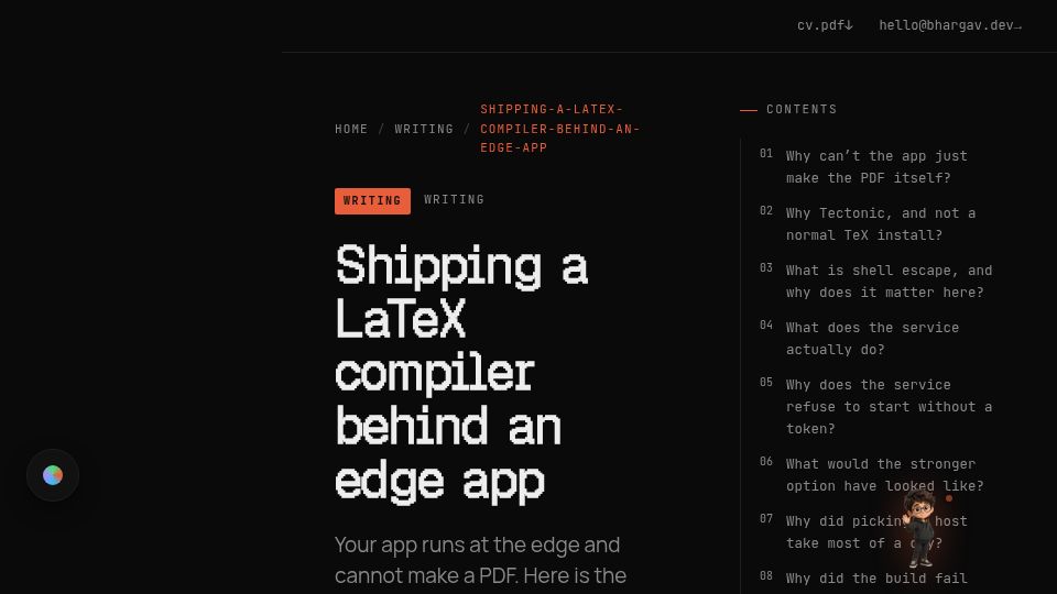 Screenshot of bhargav.dev: Shipping a LaTeX Compiler Behind an Edge App