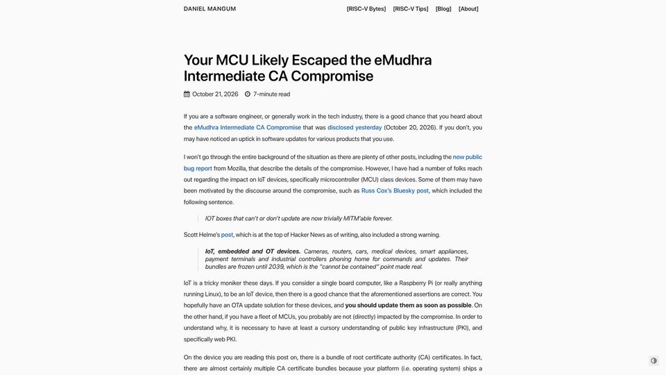 Screenshot of danielmangum.com: Your MCU likely escaped the eMudhra intermediate CA compromise