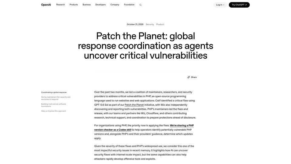 Screenshot of openai.com: Patch the Planet: global response coordination as agents uncover vulnerabilities