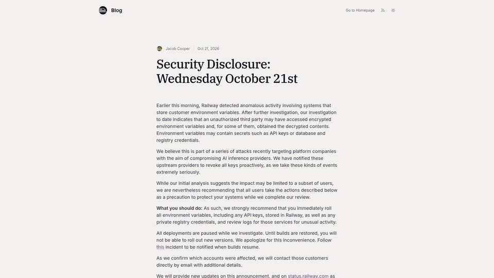 Screenshot of blog.railway.com: Security Disclosure