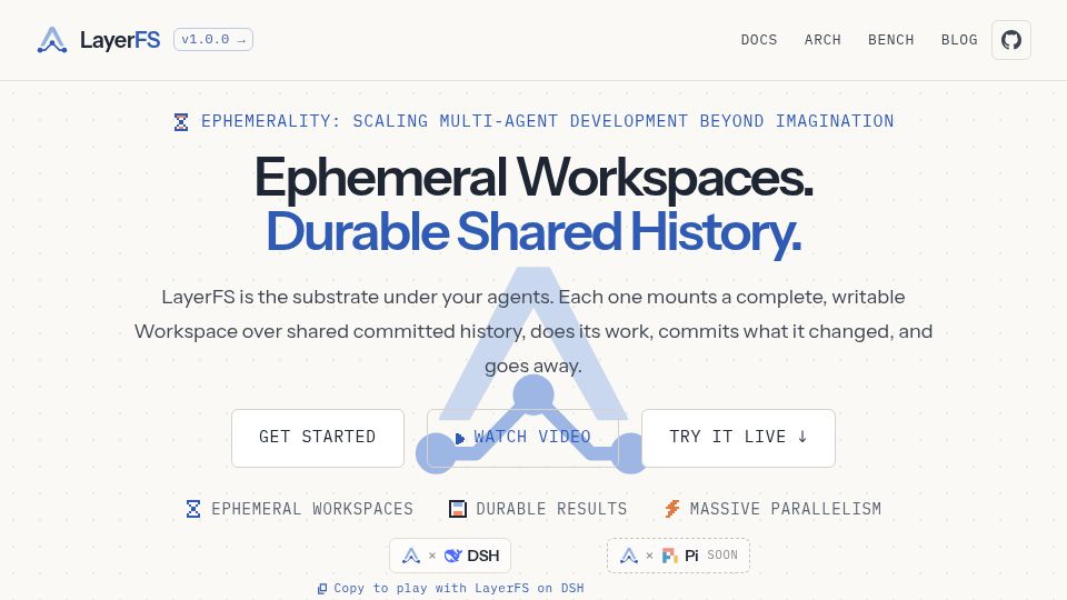 Screenshot of layerfs.ai: LayerFS: The filesystem for AI coding agents