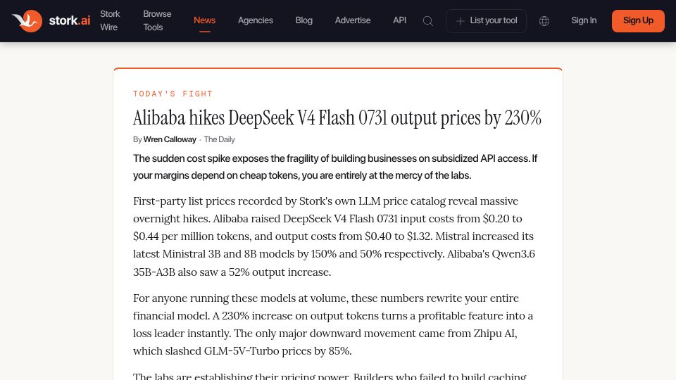 Screenshot of stork.ai: Alibaba hikes DeepSeek V4 Flash 0731 output prices by 230%