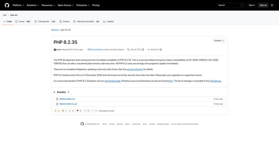Screenshot of github.com: PHP 8.2.35