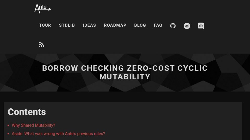 Screenshot of antelang.org: Borrow Checking Zero-Cost Cyclic Mutability