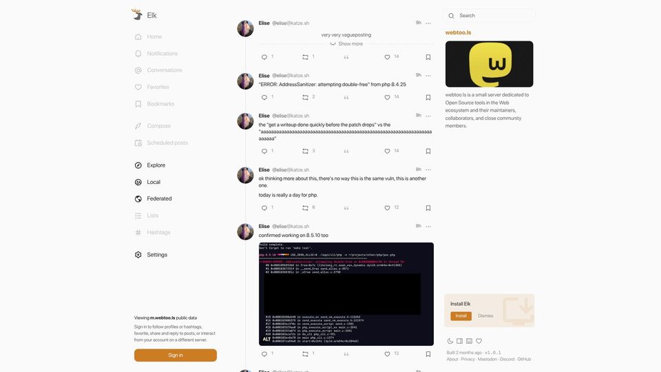 Screenshot of elk.zone: Potential third critical PHP CVE