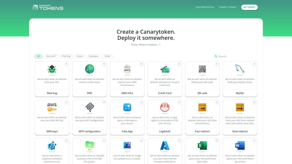Screenshot of canarytokens.org: Canary Tokens