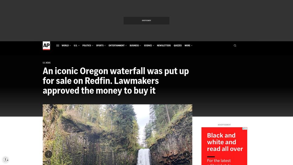 Screenshot of apnews.com: Oregon lawmakers approve money to buy an iconic waterfall listed on Redfin