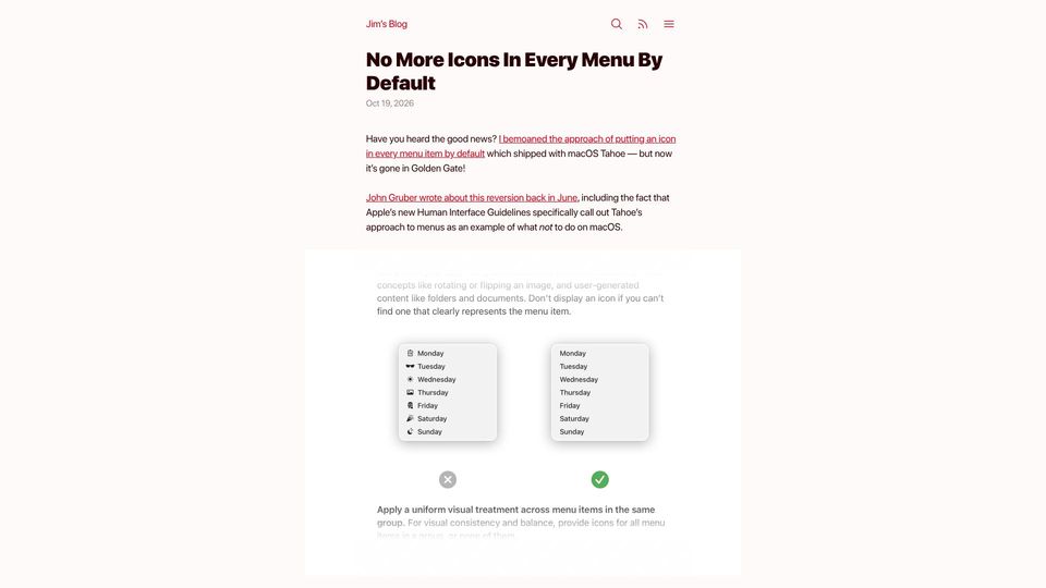 Screenshot of blog.jim-nielsen.com: No more icons in every menu by default