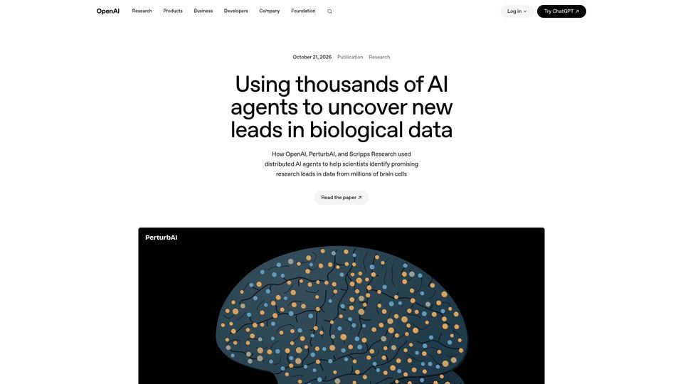Screenshot of openai.com: Using thousands of AI agents to uncover new leads in biological data