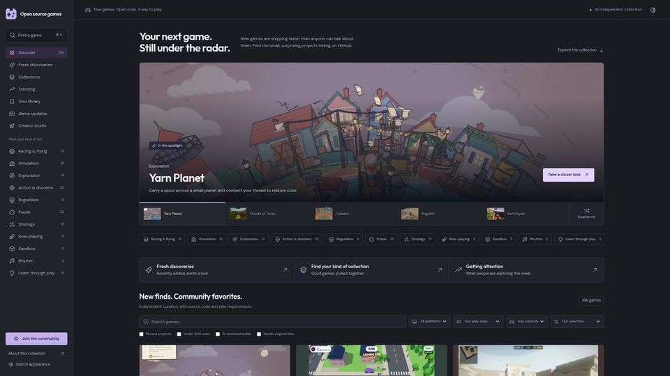 Screenshot of opensourcegames.dev: Open Source Games