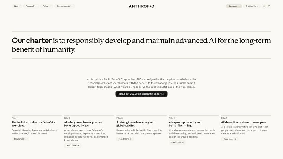 Screenshot of anthropic.com: Anthropic's Public Benefit Charter