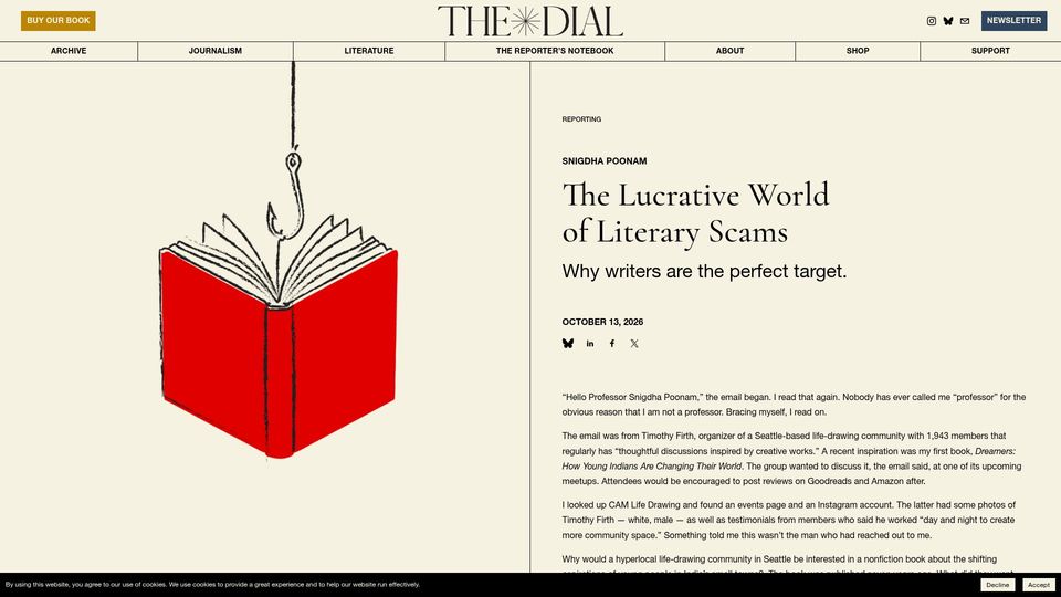 Screenshot of thedial.world: The Lucrative World of Literary Scams