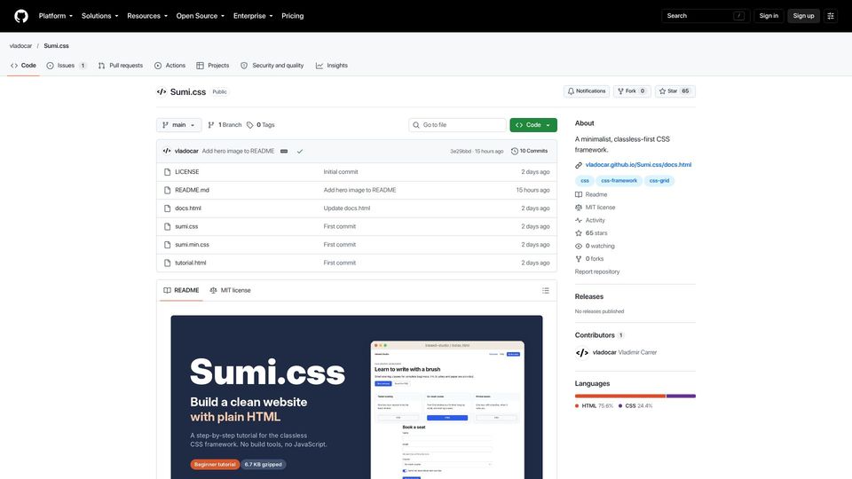 Screenshot of github.com: Show HN: Sumi.css – CSS Framework