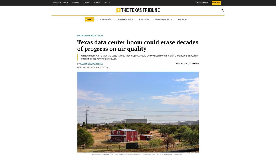 Screenshot of texastribune.org: Texas data center boom could erase decades of progress on air quality
