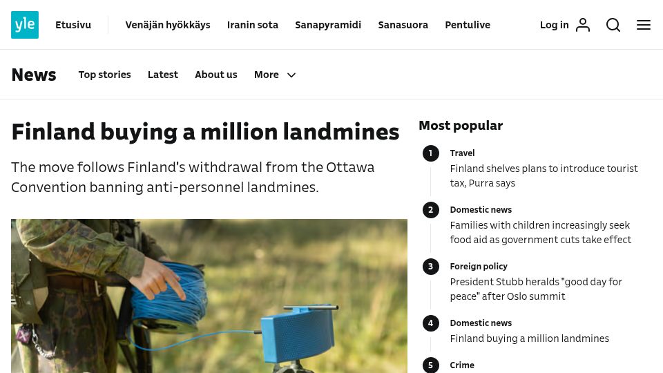 Screenshot of yle.fi: Finland Buying a Million Landmines