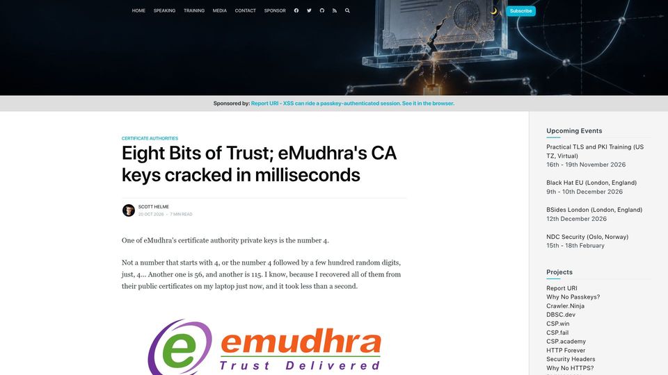 Screenshot of scotthelme.co.uk: Eight Bits of Trust: eMudhra's CA keys cracked in milliseconds