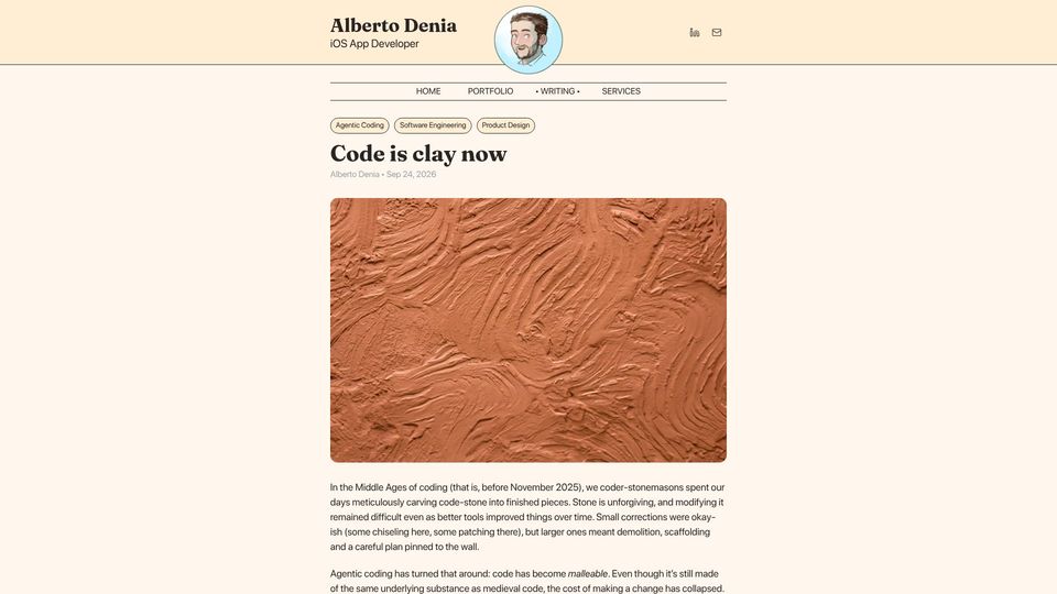 Screenshot of albertodenia.com: Code is clay now