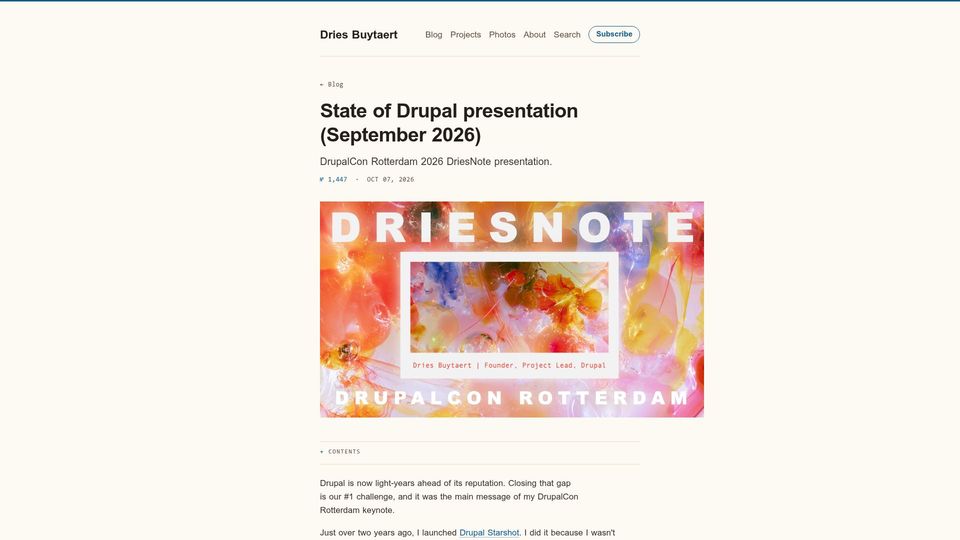 Screenshot of dri.es: Drupal is now light-years ahead of its reputation
