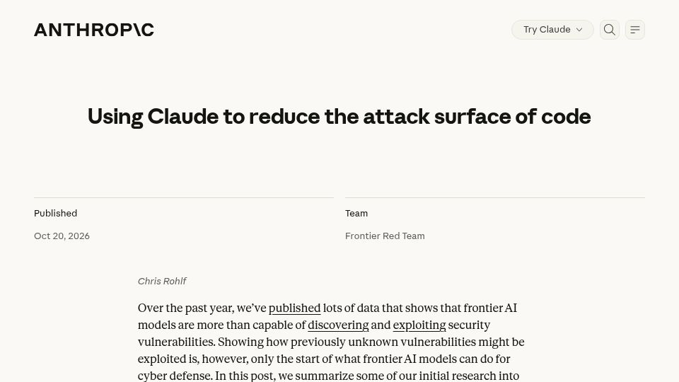 Screenshot of anthropic.com: Using Claude to reduce the attack surface of code