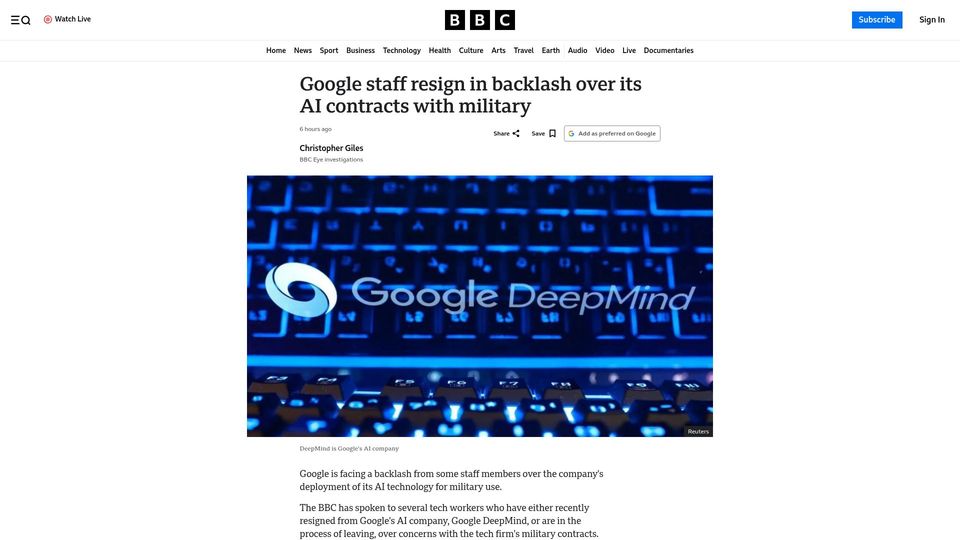 Screenshot of bbc.com: Google staff resign in backlash over its AI contracts with military