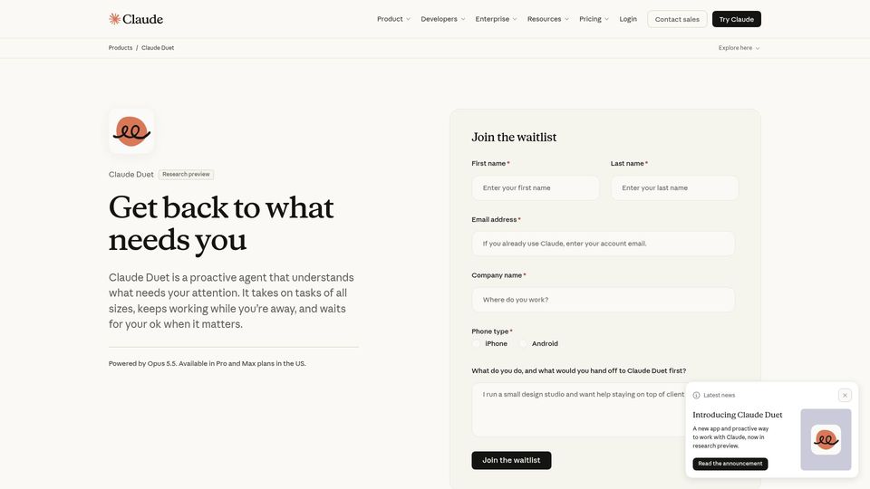 Screenshot of claude.com: Claude Duet