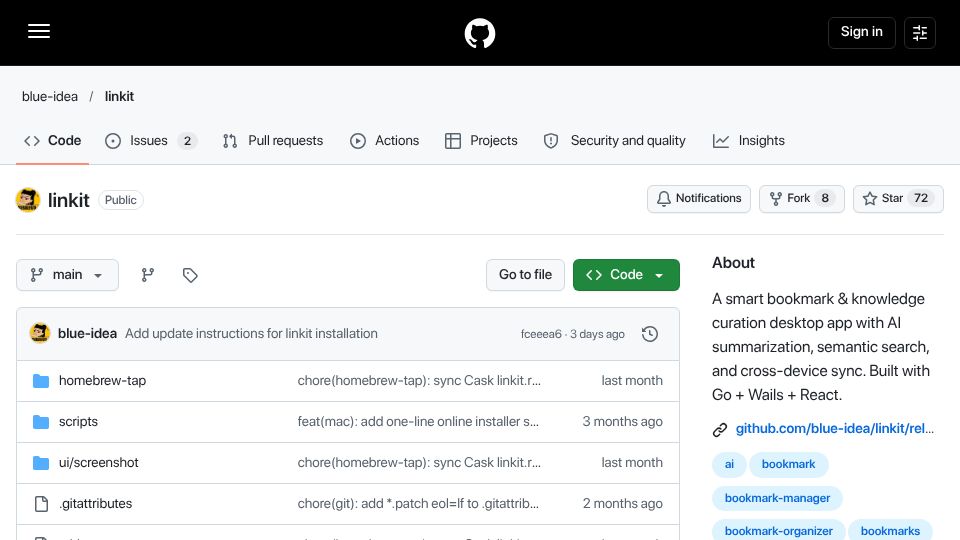 Screenshot of github.com: Show HN: Linkit – AI bookmark manager, 100% free and open source