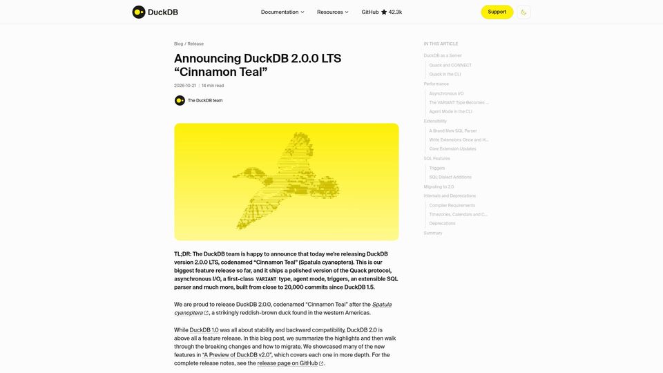 Screenshot of duckdb.org: DuckDB 2.0.0 LTS “Cinnamon Teal”
