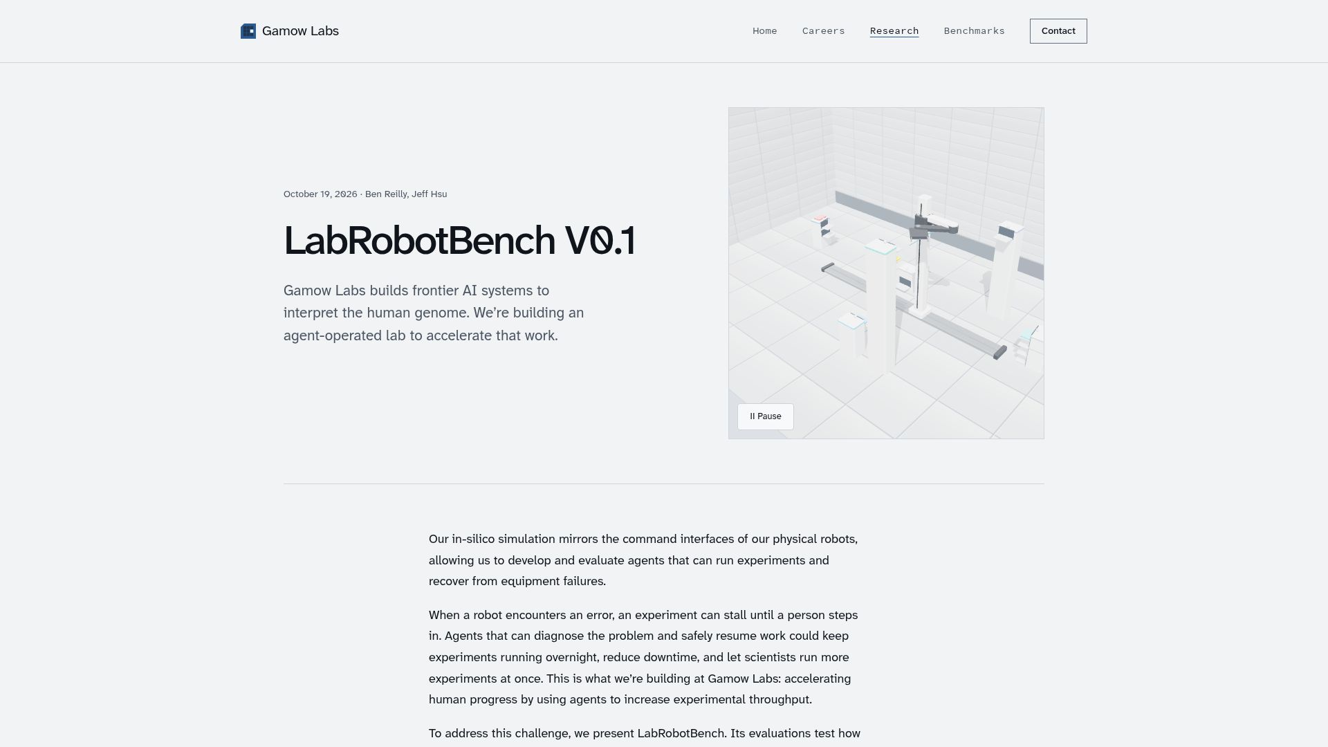 Screenshot of gamowlabs.com: LabRobotBench v0.1: Benchmarking wet lab robotics