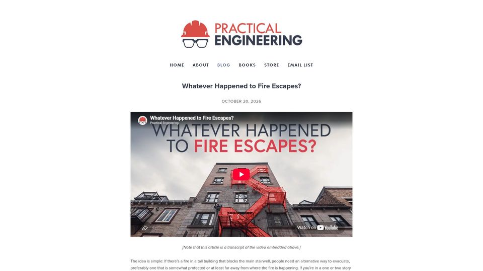 Screenshot of practical.engineering: Whatever Happened to Fire Escapes