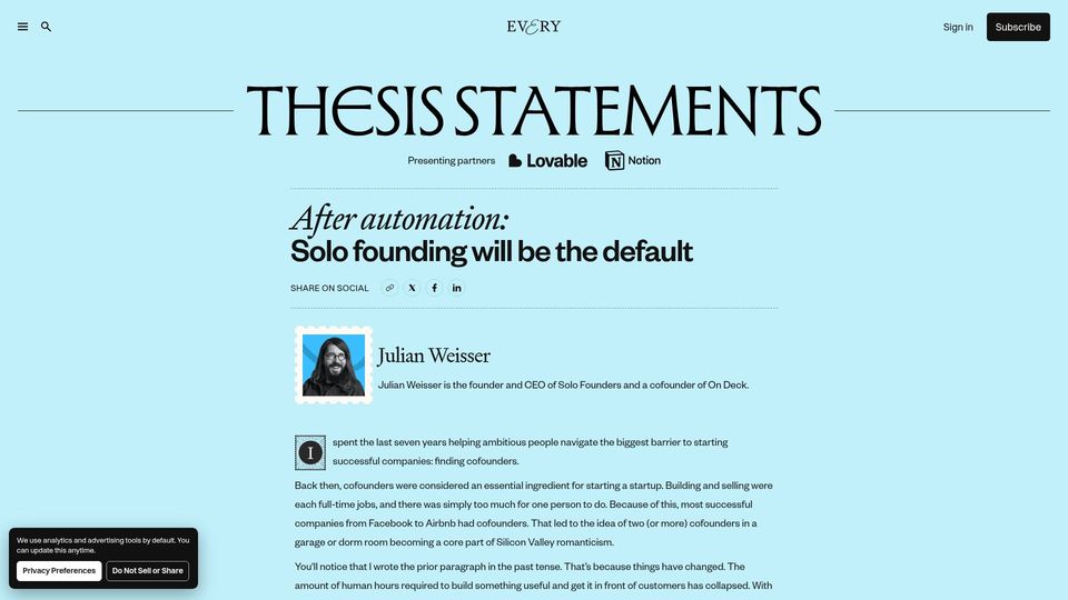 Screenshot of every.to: After automation: Solo founding will be the default