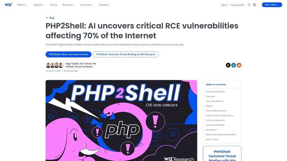 Screenshot of wiz.io: PHP2Shell: AI uncovers critical RCE in PHP