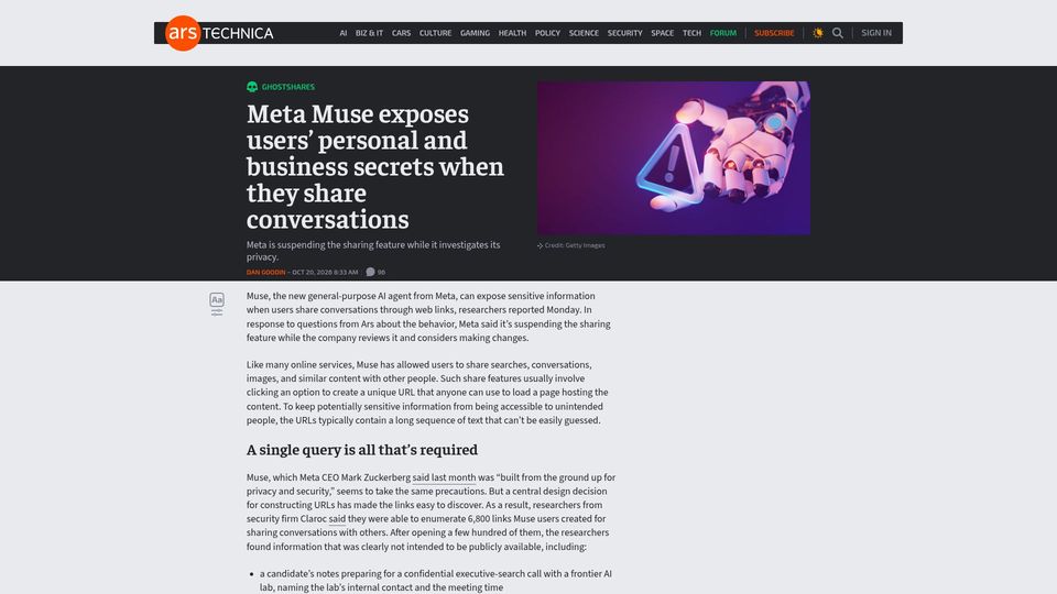 Screenshot of arstechnica.com: Muse exposes users' personal and business secrets when they share conversations