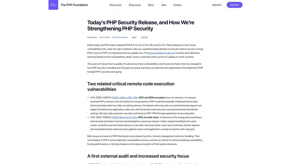 Screenshot of thephp.foundation: Today's PHP security release, and how we're strengthening security