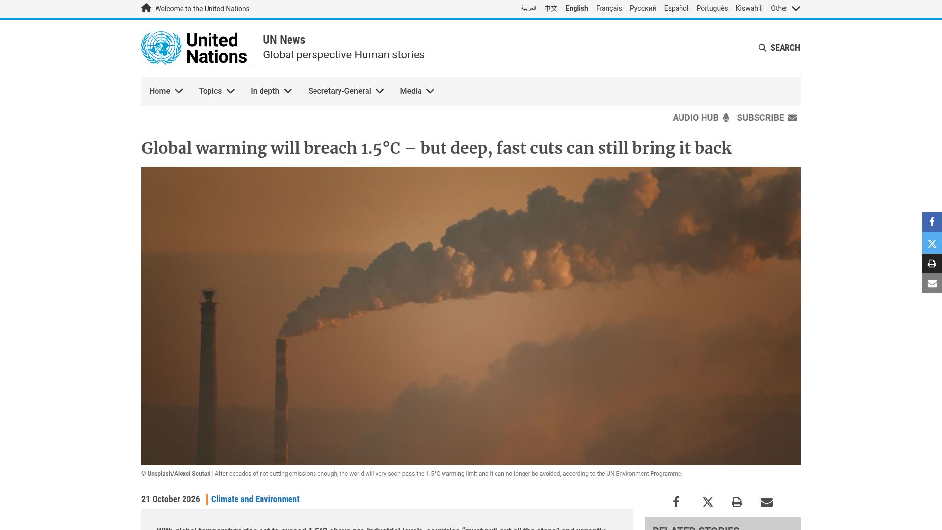 Screenshot of news.un.org: Global warming will breach 1.5°C – but deep, fast cuts can still bring it back