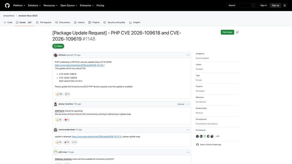 Screenshot of aws.amazon.com: PHP web runtimes (CVE-2026-109618 and CVE-2026-109619)
