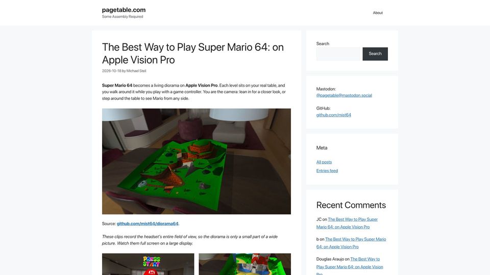 Screenshot of pagetable.com: Way to Play Super Mario 64: On Apple Vision Pro