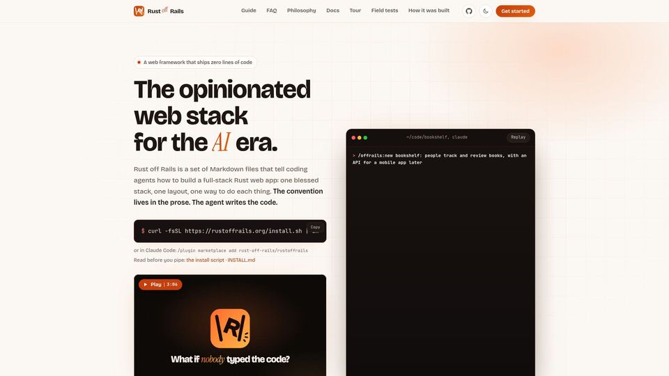 Screenshot of rustoffrails.org: Rust off Rails: The opinionated web stack for the AI era