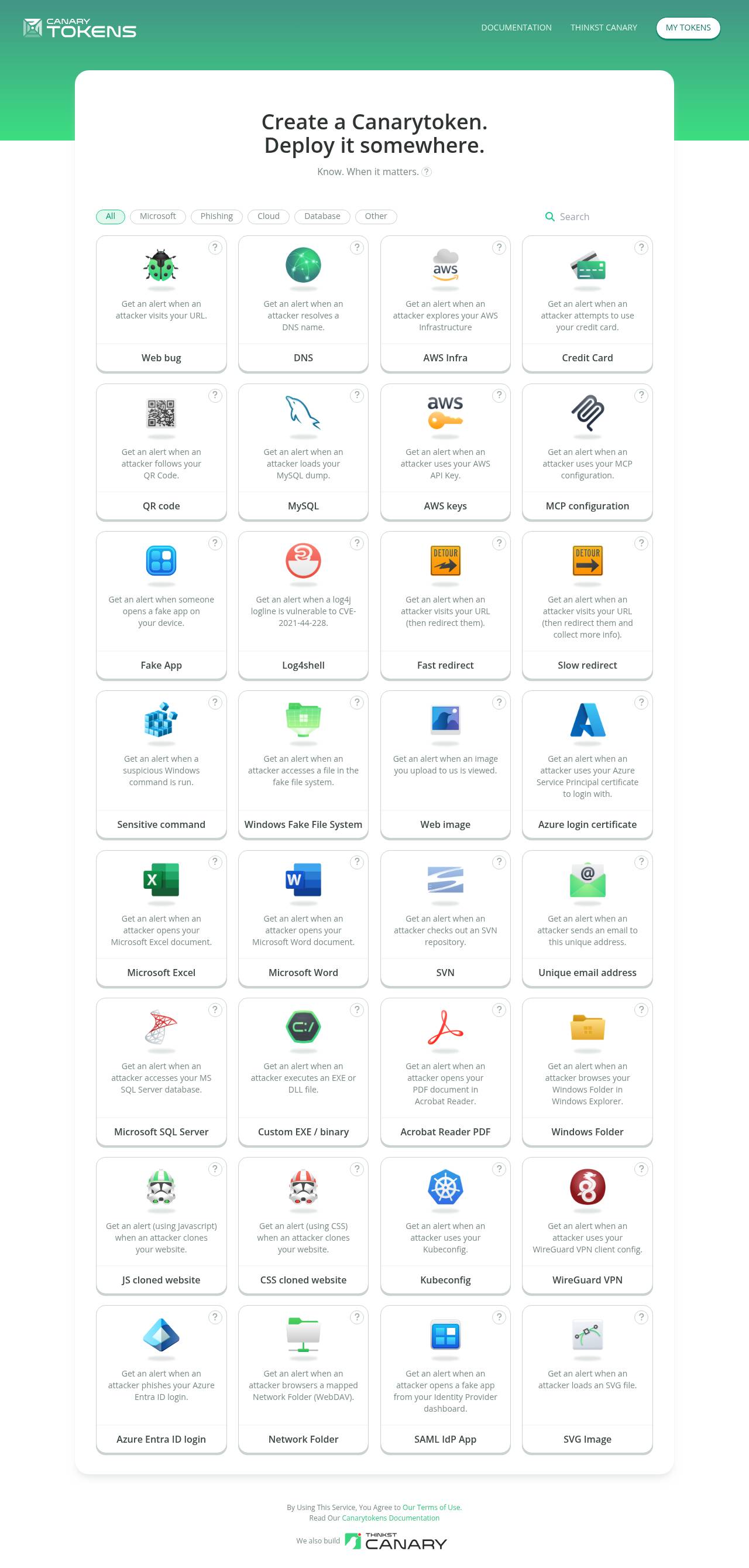 Full-page screenshot of canarytokens.org