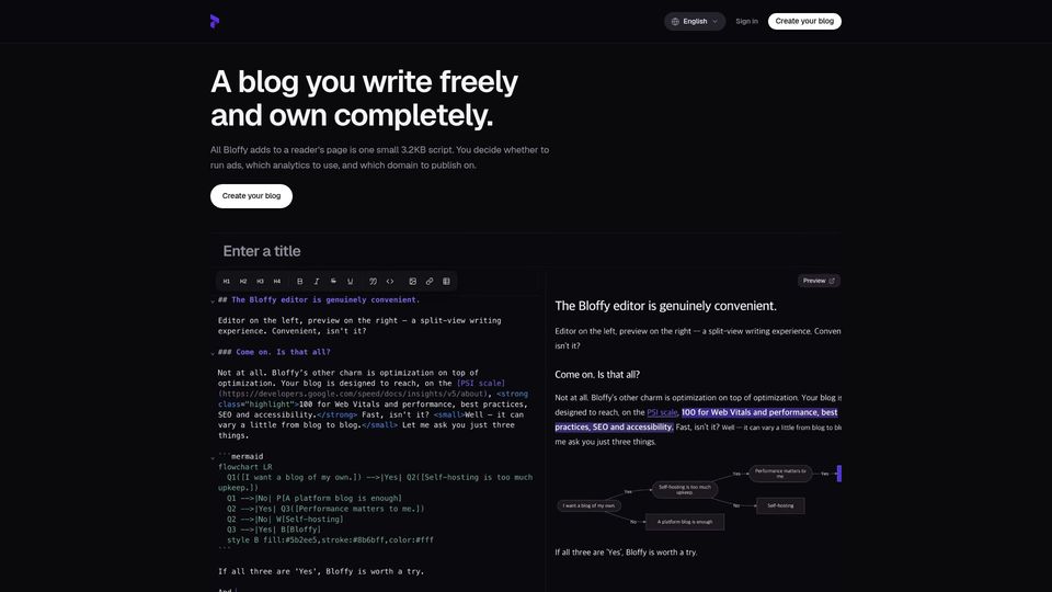Screenshot of bloffy.co: Show HN: I built a Markdown and raw HTML blog platform scoring 99 on PageSpeed