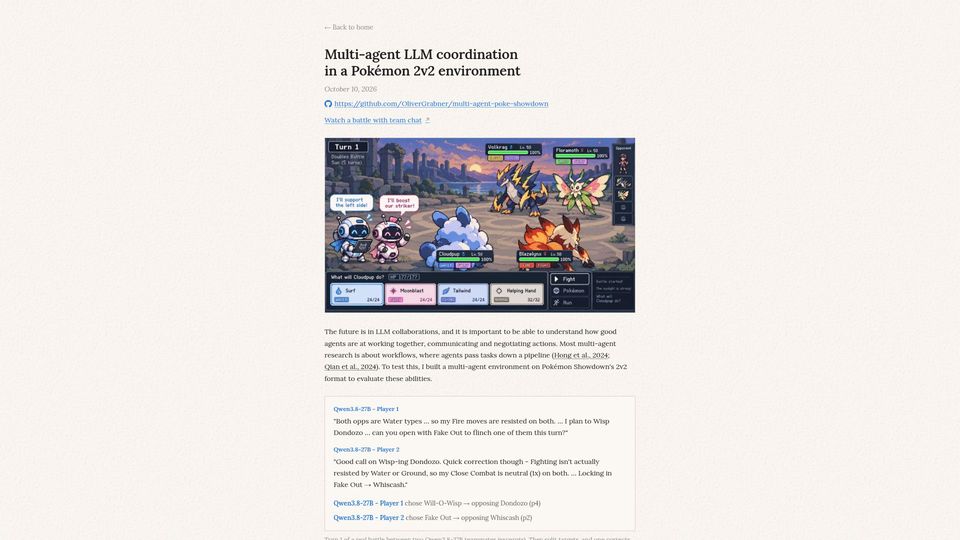 Screenshot of olivergrabner.com: LLM agents play Pokemon showdown